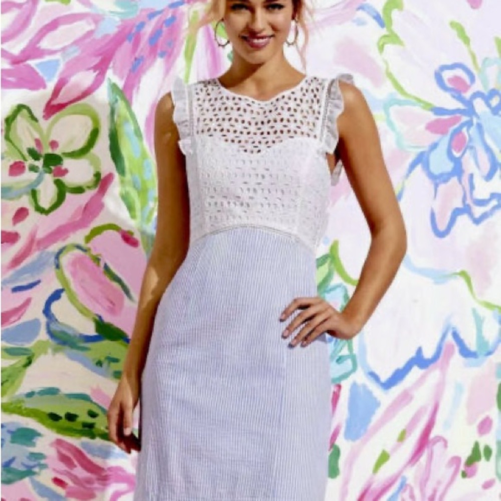 Lilly Pulitzer Blue Seersucker Dress - New Women | Color: White | Size: 00